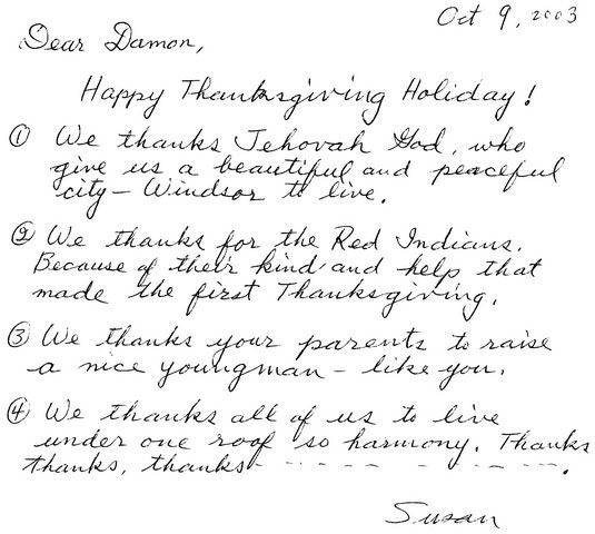 Susan在2003年感恩节发来的感谢